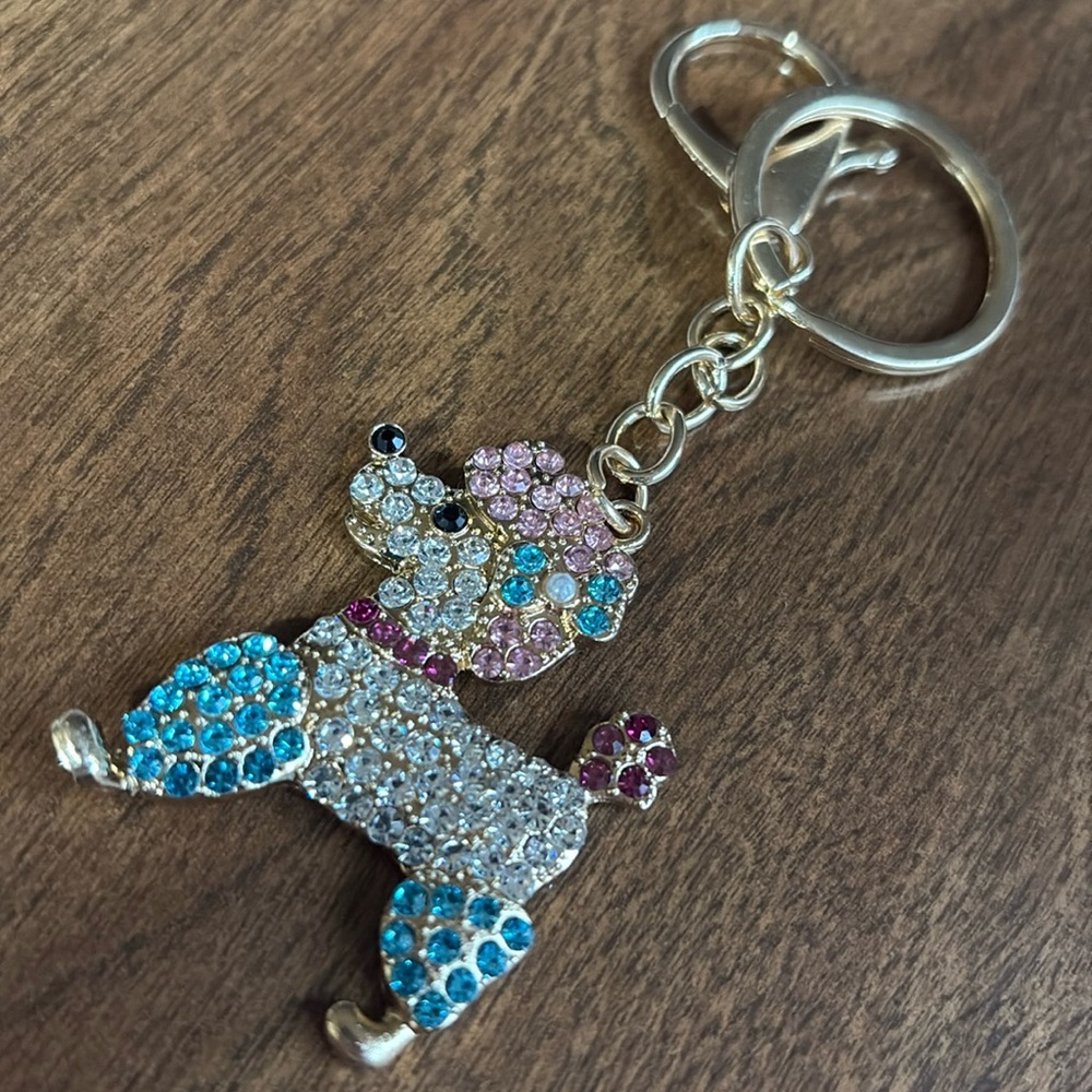 Sparkling poodle dog Keychain with blue pink Accents